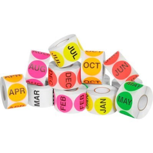 Box Packaging 2" Dia. Round 12 Months Of The Year Easy Order Labels, Assorted Colors, 12 Rolls of 500 DL1239